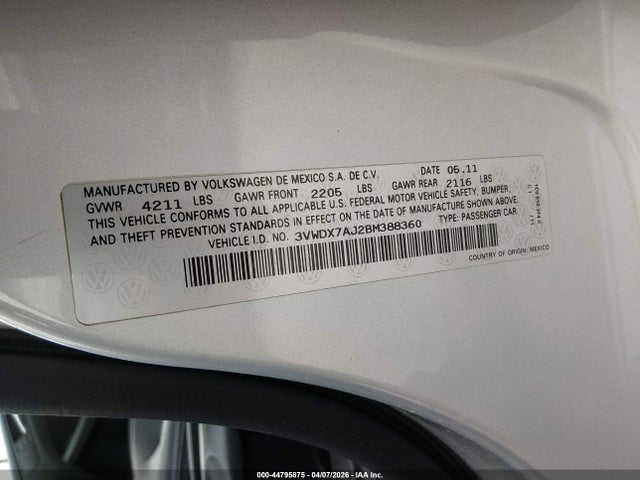 2011 Volkswagen Jetta 2.5l Se მანქანა იყიდება აუქციონზე, vin: 3VWDX7AJ2BM388360, აუქციონის ნომერი: 44795875