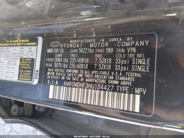 Aukcja sprzedaży 2017 Hyundai Santa Fe Se, vin: KM8SMDHF3HU184427, numer aukcji: 44795883