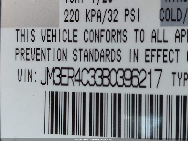 44795907 :رقم المزاد ، JM3ER4C33B0396217 vin ، 2011 Mazda Cx-7 S Touring مزاد بيع