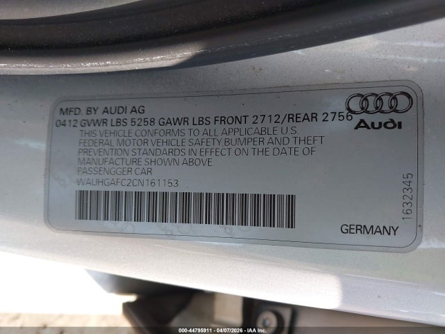 44795911 :رقم المزاد ، WAUHGAFC2CN161153 vin ، 2012 Audi A6 3.0 Premium مزاد بيع