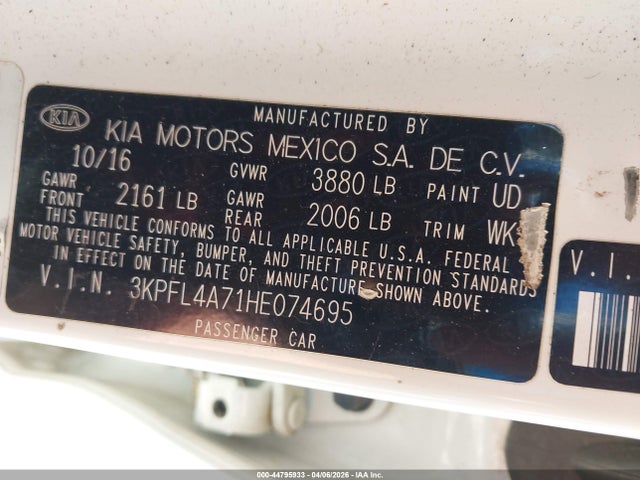 Продажа на аукционе авто 2017 Kia Forte S, vin: 3KPFL4A71HE074695, номер лота: 44795933