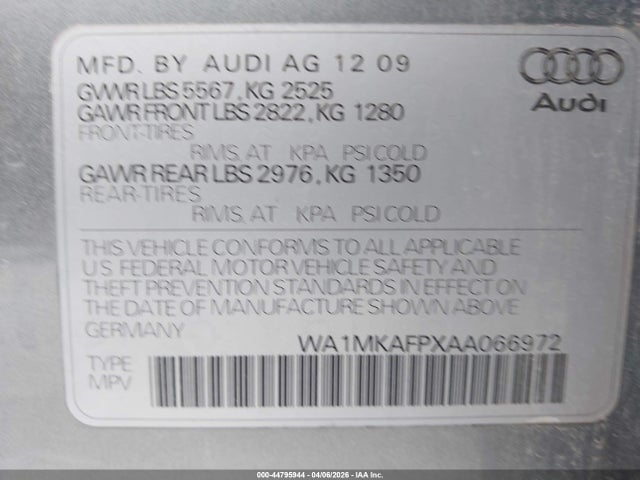 44795944 :رقم المزاد ، WA1MKAFPXAA066972 vin ، 2010 Audi Q5 3.2 Premium مزاد بيع