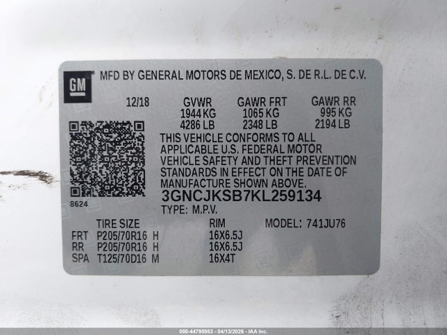 3GNCJKSB7KL259134 Chevrolet TRAX LS