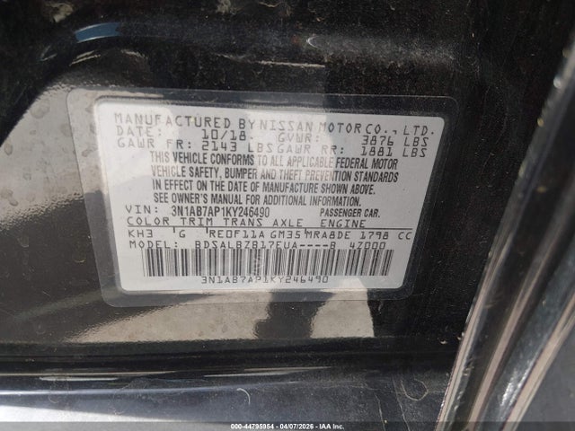 Nissan SENTRA S 2019 3N1AB7AP1KY246490 Image 9