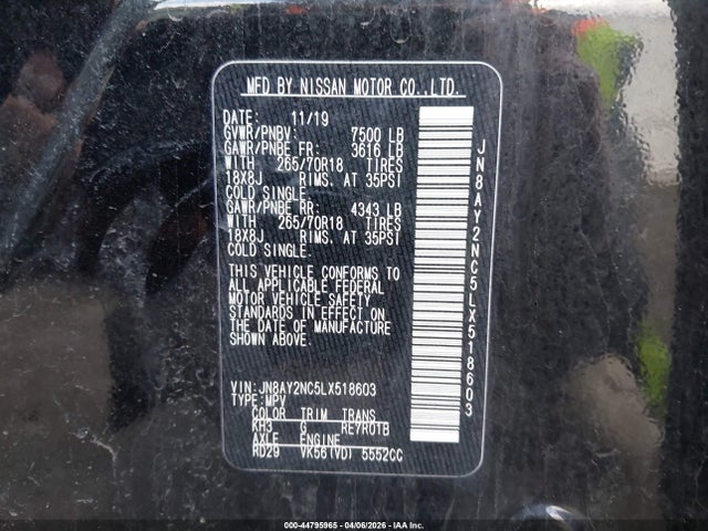 Aukcja sprzedaży 2020 Nissan Armada Sv 4wd, vin: JN8AY2NC5LX518603, numer aukcji: 44795965