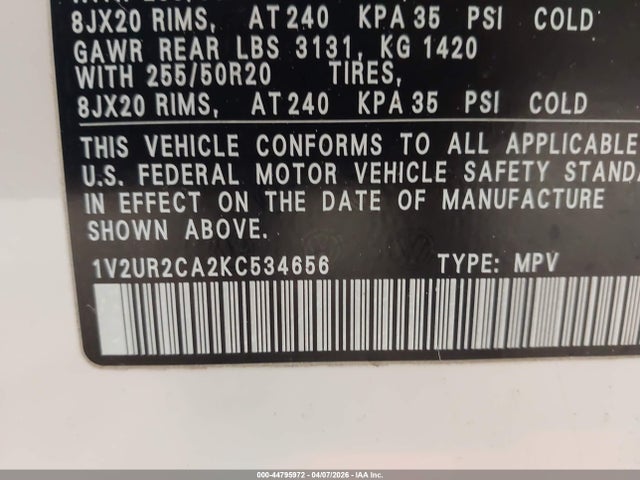 44795972 :رقم المزاد ، 1V2UR2CA2KC534656 vin ، 2019 Volkswagen Atlas 3.6l V6 Se W/technology مزاد بيع