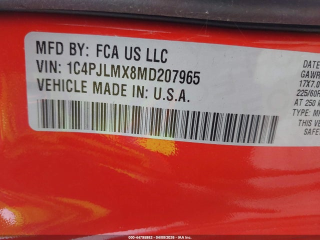 44795982 :رقم المزاد ، 1C4PJLMX8MD207965 vin ، 2021 Jeep Cherokee Latitude Lux Fwd مزاد بيع