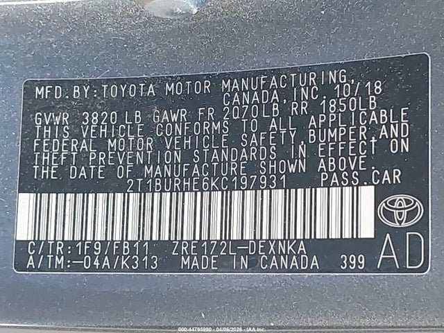 2T1BURHE6KC197931 Toyota COROLLA LE