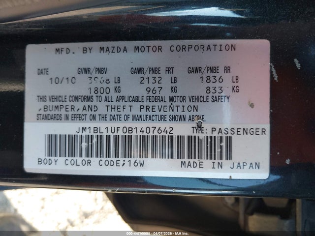 44795995 :رقم المزاد ، JM1BL1UF0B1407642 vin ، 2011 Mazda Mazda3 I Sport مزاد بيع