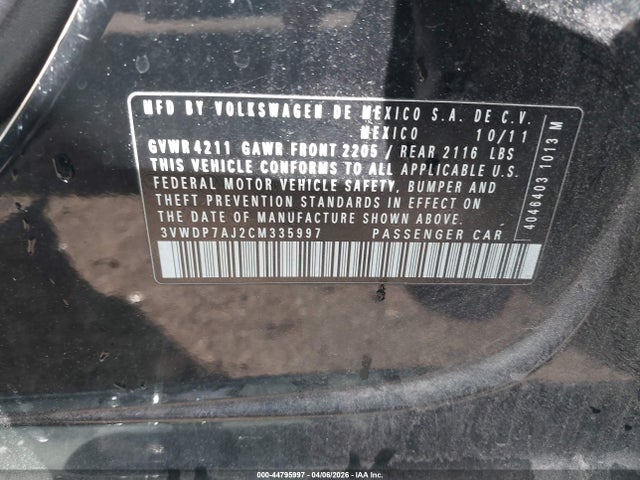 Продаж на аукціоні авто 2012 Volkswagen Jetta 2.5l Se, vin: 3VWDP7AJ2CM335997, номер лоту: 44795997