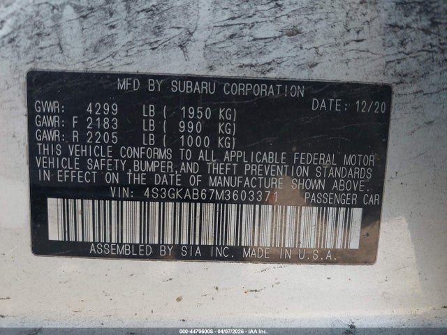 44796008 :رقم المزاد ، 4S3GKAB67M3603371 vin ، 2021 Subaru Impreza Sedan مزاد بيع