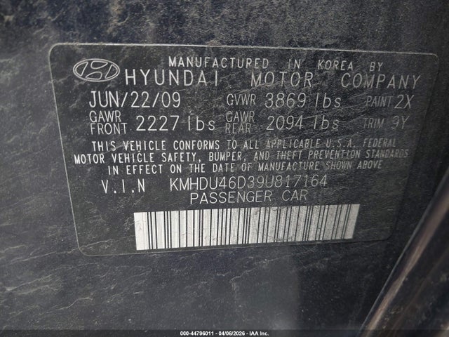 44796011 :رقم المزاد ، KMHDU46D39U817164 vin ، 2009 Hyundai Elantra Gls مزاد بيع