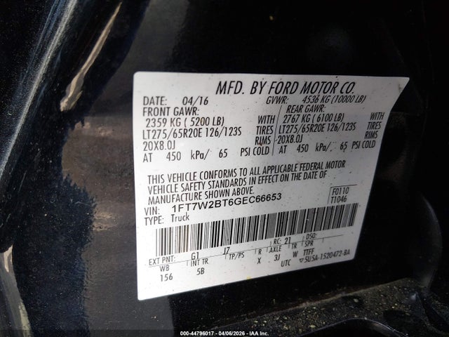 Aukcja sprzedaży 2016 Ford F-250 Lariat, vin: 1FT7W2BT6GEC66653, numer aukcji: 44796017