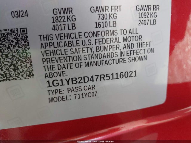 1G1YB2D47R5116021 Chevrolet Corvette Stingray Rwd 2lt
