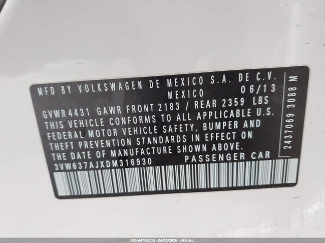 Aukcja sprzedaży 2013 Volkswagen Jetta Hybrid Sel, vin: 3VW637AJXDM316930, numer aukcji: 44796035