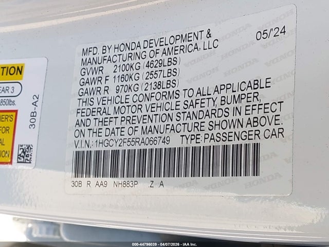 Продаж на аукціоні авто 2024 Honda Accord Hybrid Sport, vin: 1HGCY2F55RA066749, номер лоту: 44796039