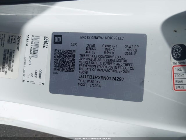 Продажа на аукционе авто 2022 Chevrolet Camaro Rwd  1lt, vin: 1G1FB1RX6N0124297, номер лота: 44796042