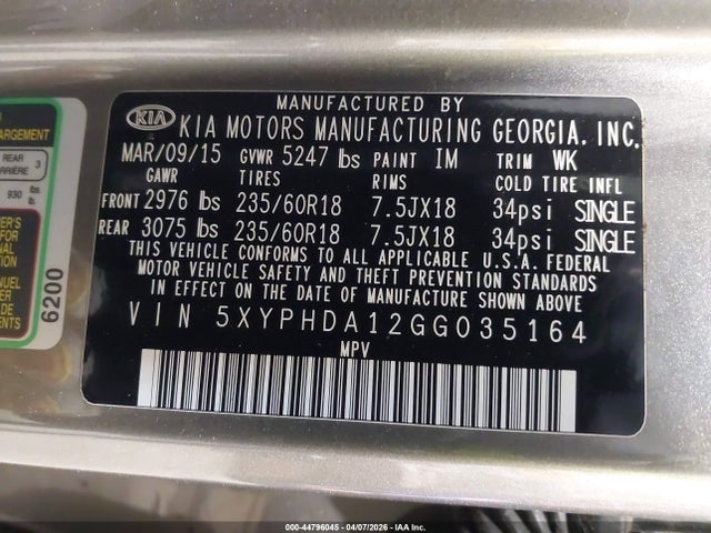 44796045 :رقم المزاد ، 5XYPHDA12GG035164 vin ، 2016 Kia Sorento 2.0t Ex مزاد بيع