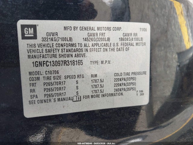 Продаж на аукціоні авто 2007 Chevrolet Tahoe Ls, vin: 1GNFC13097R318165, номер лоту: 44796046