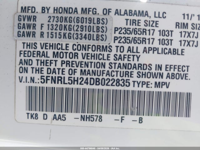2013 Honda Odyssey Lx მანქანა იყიდება აუქციონზე, vin: 5FNRL5H24DB022835, აუქციონის ნომერი: 44796048