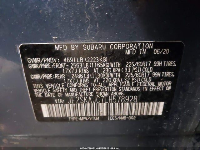 Aukcja sprzedaży 2020 Subaru Forester Premium, vin: JF2SKAJC7LH578928, numer aukcji: 44796051
