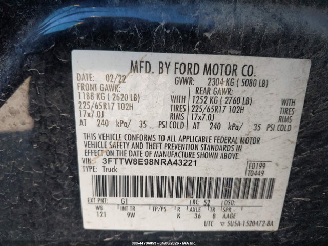 Aukcja sprzedaży 2022 Ford Maverick Xl, vin: 3FTTW8E98NRA43221, numer aukcji: 44796053