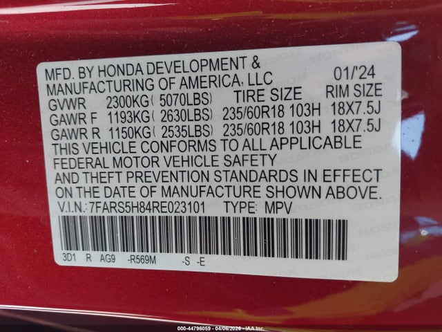 Aukcja sprzedaży 2024 Honda Cr-v Hybrid Sport-l, vin: 7FARS5H84RE023101, numer aukcji: 44796059