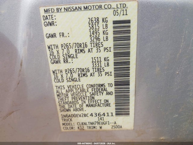 2011 Nissan Frontier Sv მანქანა იყიდება აუქციონზე, vin: 1N6AD0EV2BC436411, აუქციონის ნომერი: 44796062