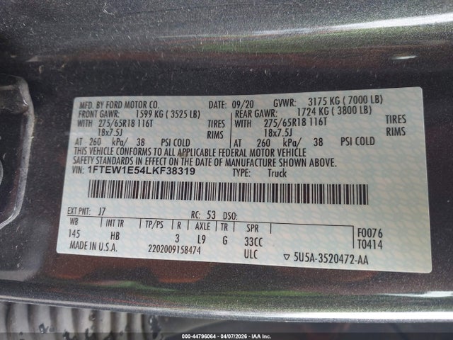Продаж на аукціоні авто 2020 Ford F-150 Lariat, vin: 1FTEW1E54LKF38319, номер лоту: 44796064