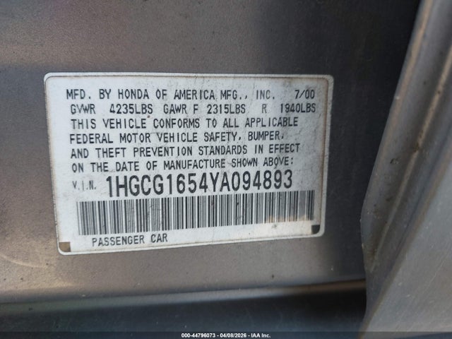 2000 HONDA ACCORD 1HGCG1654YA094893 Photo 8