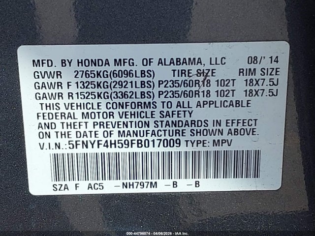 Honda Pilot Ex-l 2015 5FNYF4H59FB017009 Image 9