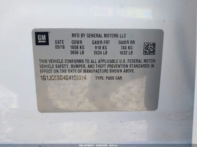 Aukcja sprzedaży 2016 Chevrolet Sonic Lt Auto, vin: 1G1JC6SG4G4169314, numer aukcji: 44796075