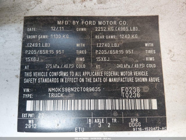 44796085 :رقم المزاد ، NM0KS9BN2CT089635 vin ، 2012 Ford Transit Connect Xlt مزاد بيع