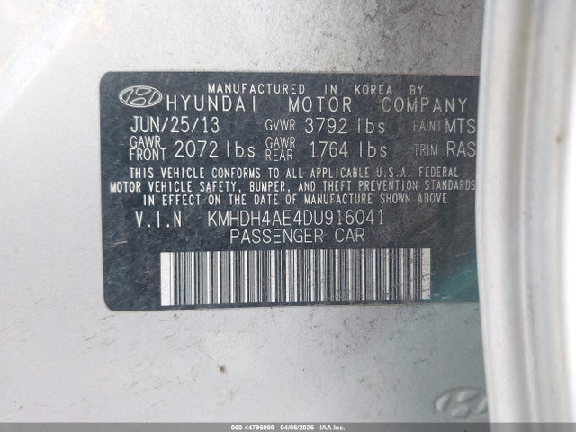 44796099 :رقم المزاد ، KMHDH4AE4DU916041 vin ، 2013 Hyundai Elantra Gls مزاد بيع