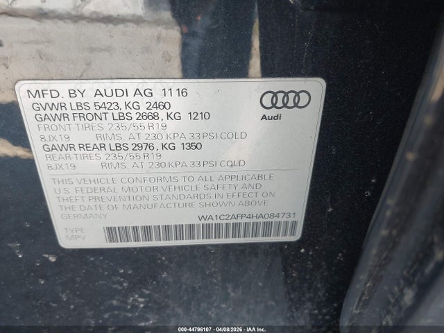 Продаж на аукціоні авто 2017 Audi Q5 2.0t Premium, vin: WA1C2AFP4HA084731, номер лоту: 44796107
