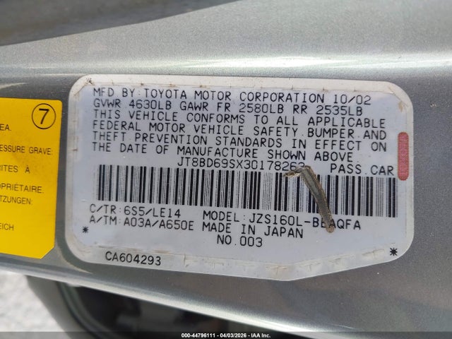 44796111 :رقم المزاد ، JT8BD69SX30178263 vin ، 2003 Lexus Gs 300 مزاد بيع