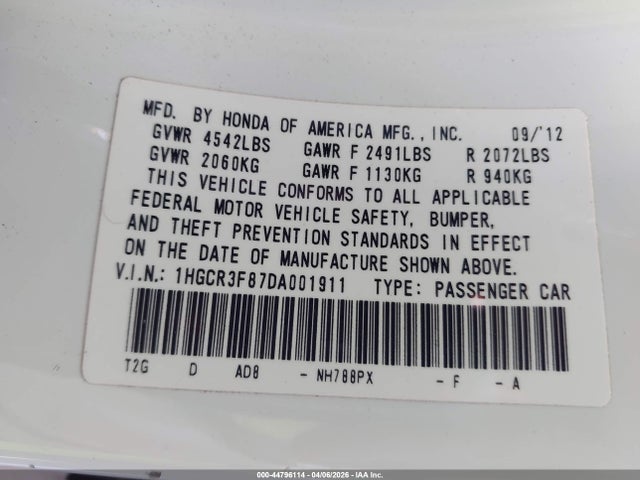 Aukcja sprzedaży 2013 Honda Accord Ex-l V-6, vin: 1HGCR3F87DA001911, numer aukcji: 44796114