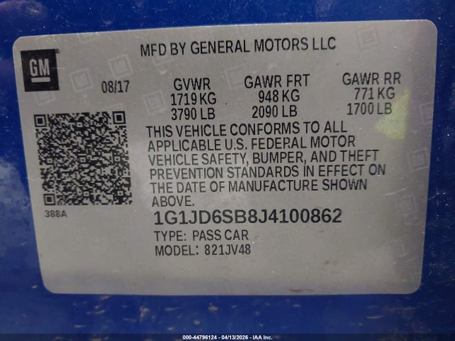 Продаж на аукціоні авто 2018 Chevrolet Sonic Lt Auto, vin: 1G1JD6SB8J4100862, номер лоту: 44796124