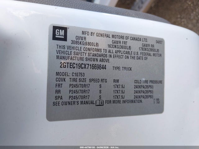 Продаж на аукціоні авто 2007 Gmc Sierra 1500 Work Truck, vin: 2GTEC19CX71669844, номер лоту: 44796158