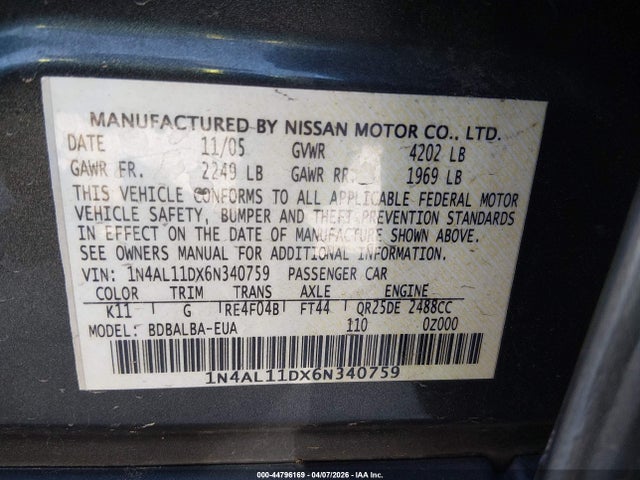 44796169 :رقم المزاد ، 1N4AL11DX6N340759 vin ، 2006 Nissan Altima 2.5 S مزاد بيع