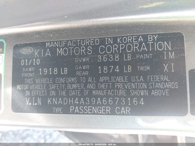 2010 Kia Rio Lx მანქანა იყიდება აუქციონზე, vin: KNADH4A39A6673164, აუქციონის ნომერი: 44796170