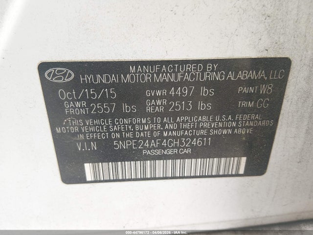 44796172 :رقم المزاد ، 5NPE24AF4GH324611 vin ، 2016 Hyundai Sonata Se مزاد بيع