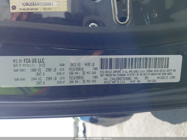 44796181 :رقم المزاد ، 1C4NJCBA5FD334861 vin ، 2015 Jeep Compass Altitude Edition مزاد بيع