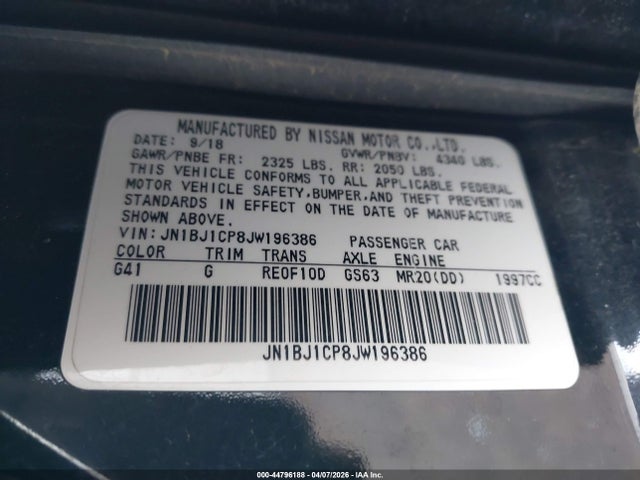 44796188 :رقم المزاد ، JN1BJ1CP8JW196386 vin ، 2018 Nissan Rogue Sport S مزاد بيع