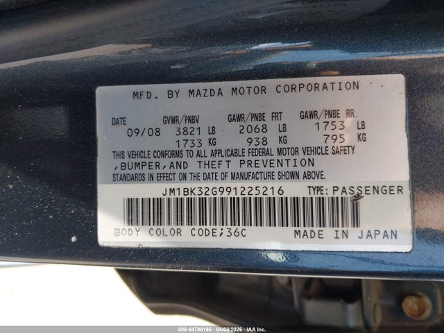 Aukcja sprzedaży 2009 Mazda Mazda3 I, vin: JM1BK32G991225216, numer aukcji: 44796196