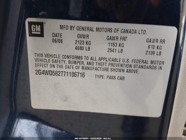 Aukcja sprzedaży 2007 Buick Lacrosse Cxl, vin: 2G4WD582771106716, numer aukcji: 44796201