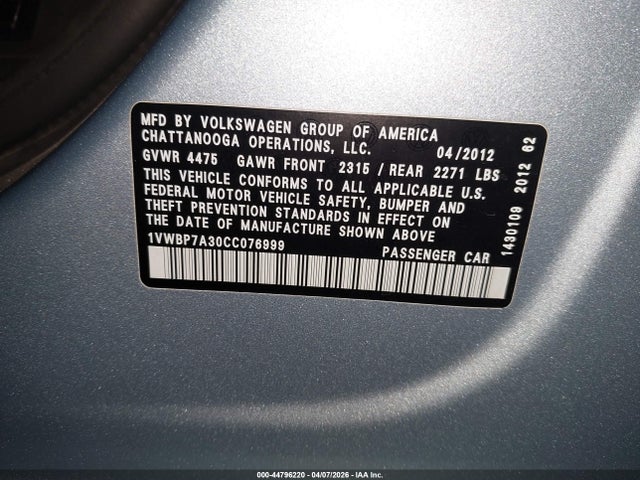 2012 Volkswagen Passat 2.5l Se მანქანა იყიდება აუქციონზე, vin: 1VWBP7A30CC076999, აუქციონის ნომერი: 44796220
