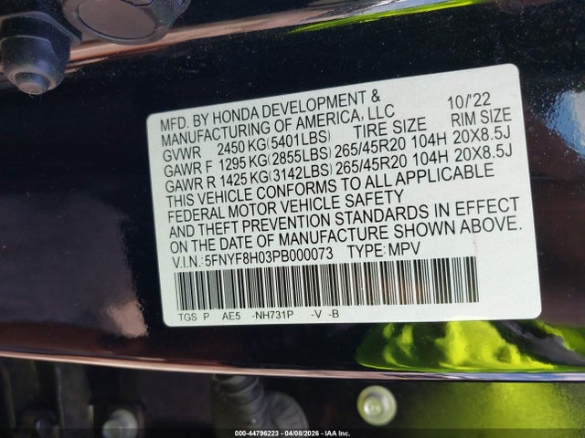 44796223 :رقم المزاد ، 5FNYF8H03PB000073 vin ، 2023 Honda Passport Awd Elite مزاد بيع