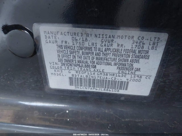 3N1CN7AP6JL886108 Nissan Versa 1.6 Sv