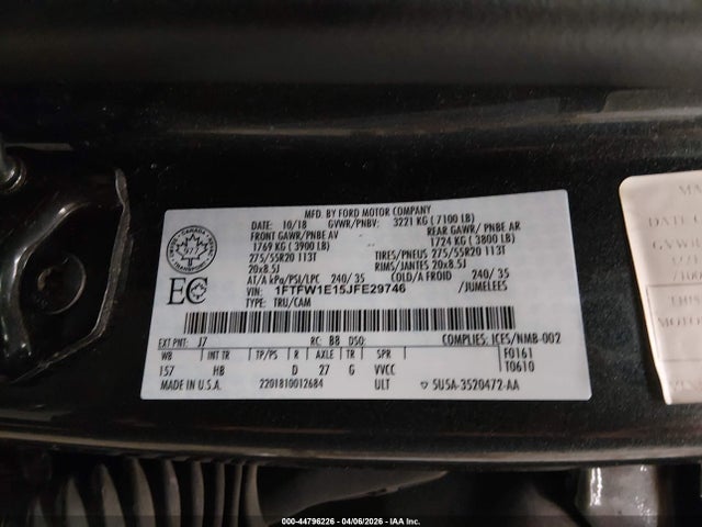 Aukcja sprzedaży 2018 Ford F-150 Lariat, vin: 1FTFW1E15JFE29746, numer aukcji: 44796226